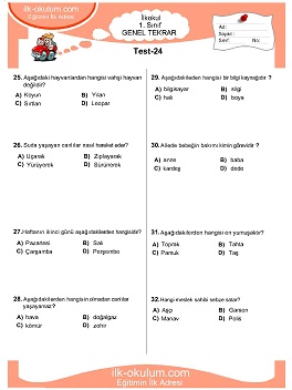 ilkokul 1. Sınıf Genel Tekrar Testleri 